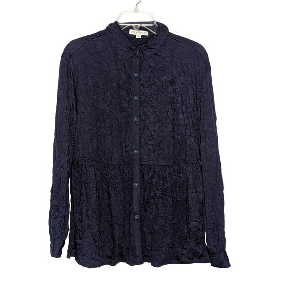FRYE AND CO. long sleeve button front peplum crinkled navy blue blouse Size S - Picture 1 of 7